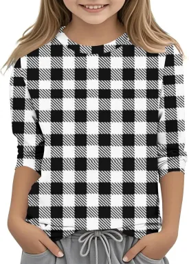 3/4 Length Sleeve Girls Tops Cute Plaid Print Tees Basic Crewneck Tops Trendy Blouses Back to School Outfits for Girls