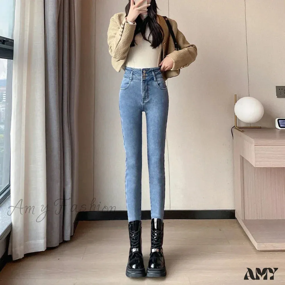 Amy Fashion - Winter Women Stretch Skinny Retro Patchwork Warm Thick Pencil Pants Slim Stretch Denim Trousers Jean
