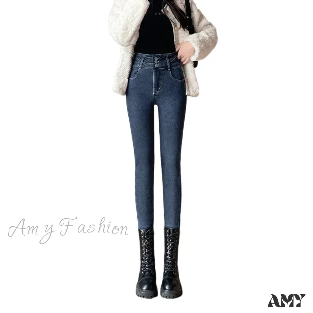 Amy Fashion - Winter Women Stretch Skinny Retro Patchwork Warm Thick Pencil Pants Slim Stretch Denim Trousers Jean