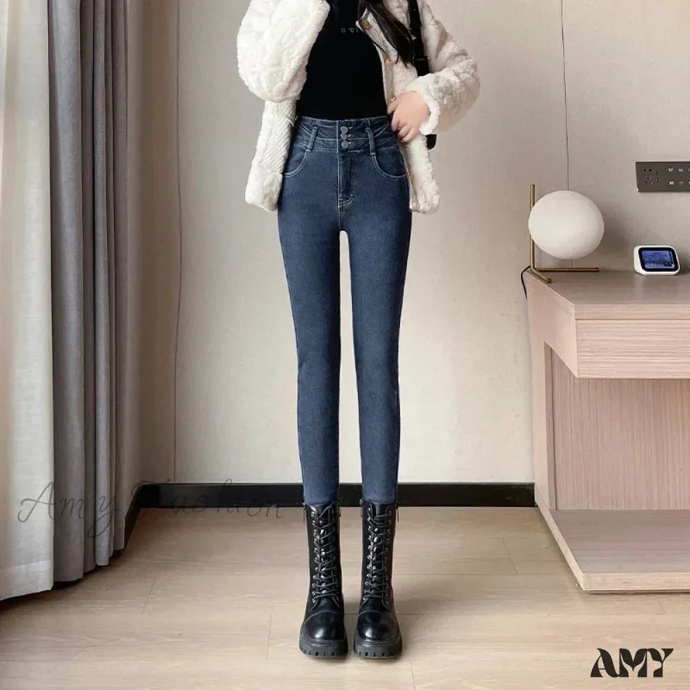 Amy Fashion - Winter Women Stretch Skinny Retro Patchwork Warm Thick Pencil Pants Slim Stretch Denim Trousers Jean