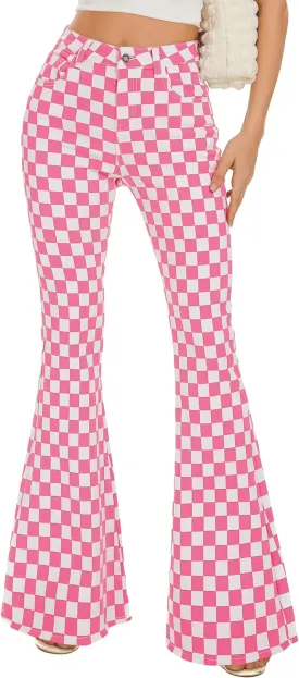 Bell Bottom Jeans for Women High Waisted Stretch Plaid Flare Jeans Denim Bootcut Pants