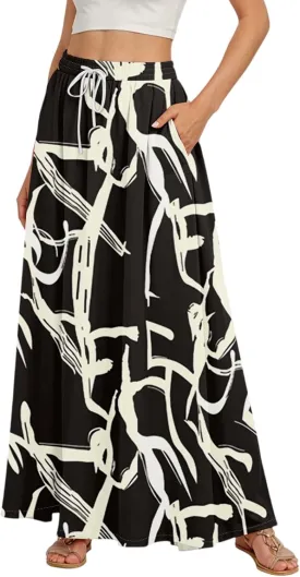 Boho Maxi Skirt for Women Summer Elastic High Waisted Casual Skirts Pleated A-Line Skirts Work Skirt Long with Pockets