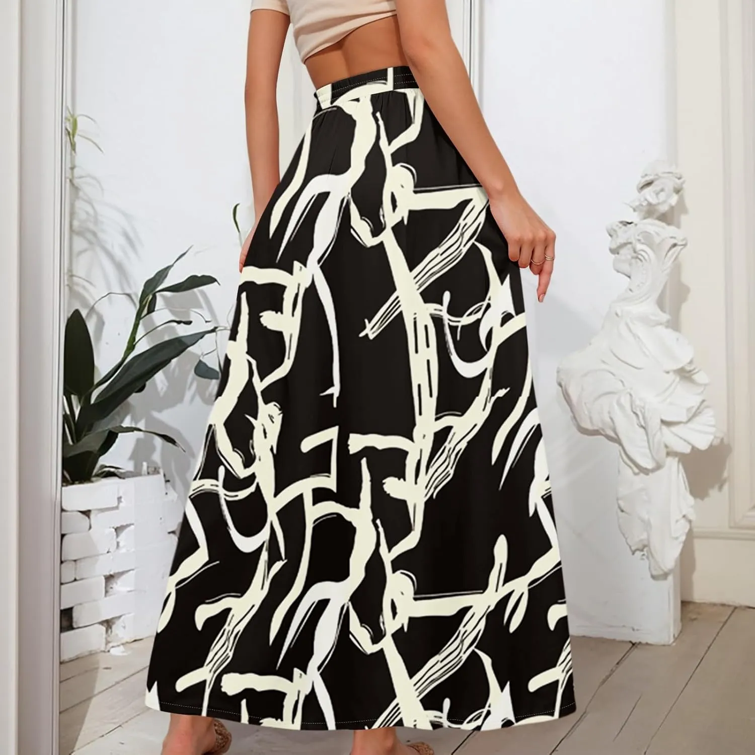 Boho Maxi Skirt for Women Summer Elastic High Waisted Casual Skirts Pleated A-Line Skirts Work Skirt Long with Pockets