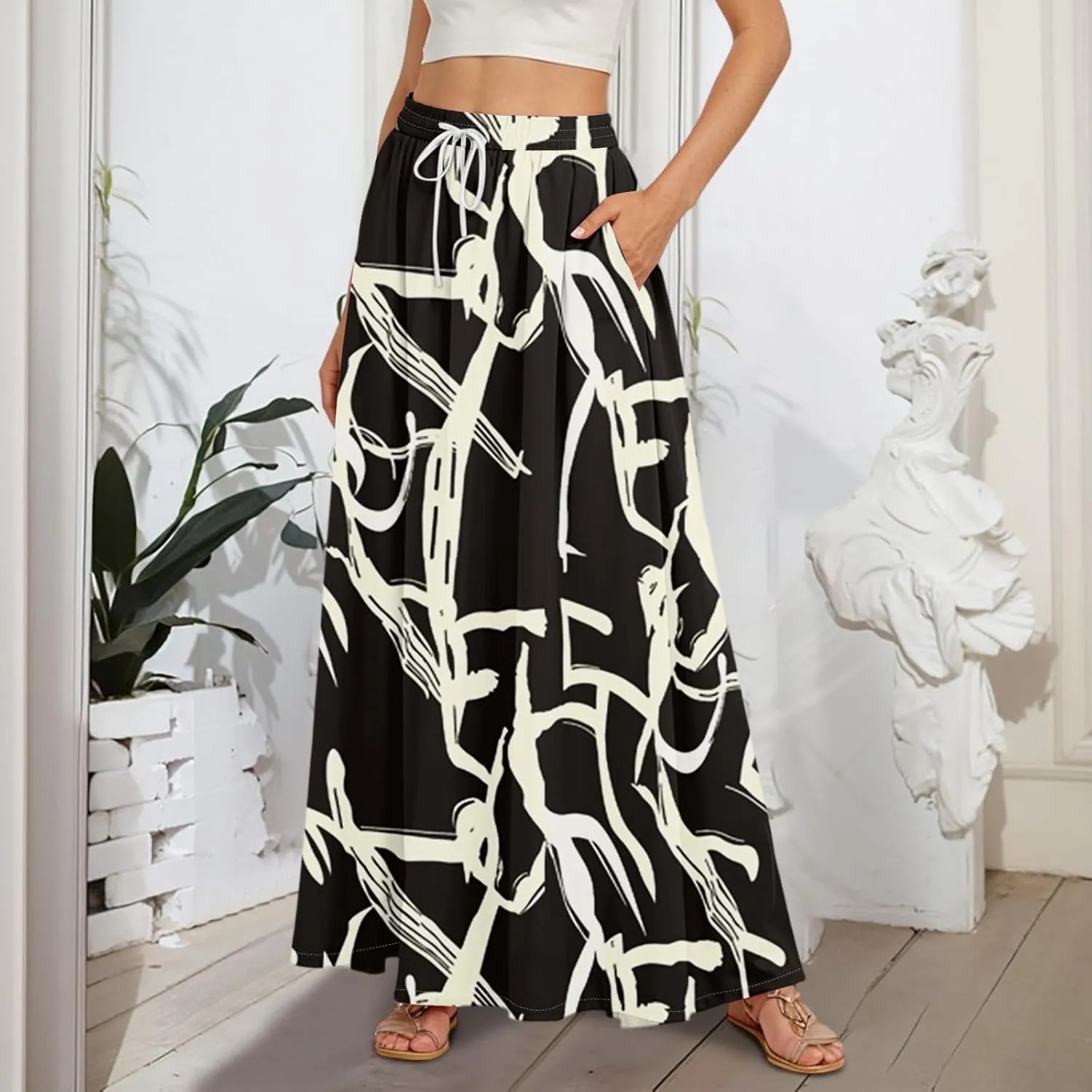 Boho Maxi Skirt for Women Summer Elastic High Waisted Casual Skirts Pleated A-Line Skirts Work Skirt Long with Pockets