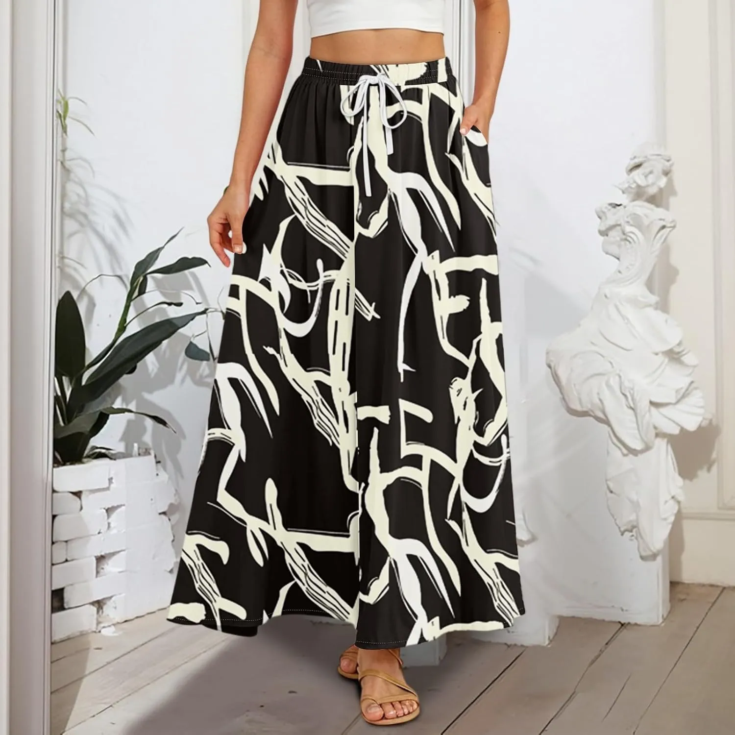 Boho Maxi Skirt for Women Summer Elastic High Waisted Casual Skirts Pleated A-Line Skirts Work Skirt Long with Pockets