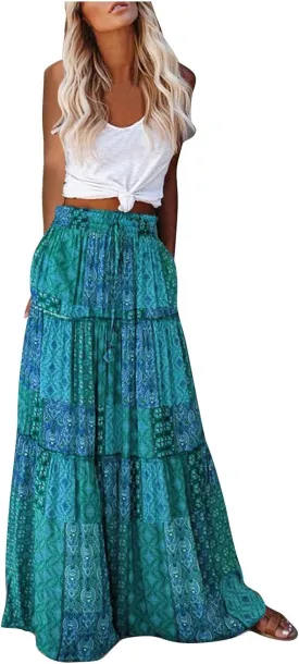 Boho Maxi Skirts for Women Trendy Summer Elastic High Waisted Ankle Length Long Skirts Tiered Flowy Swing A Line Skirt