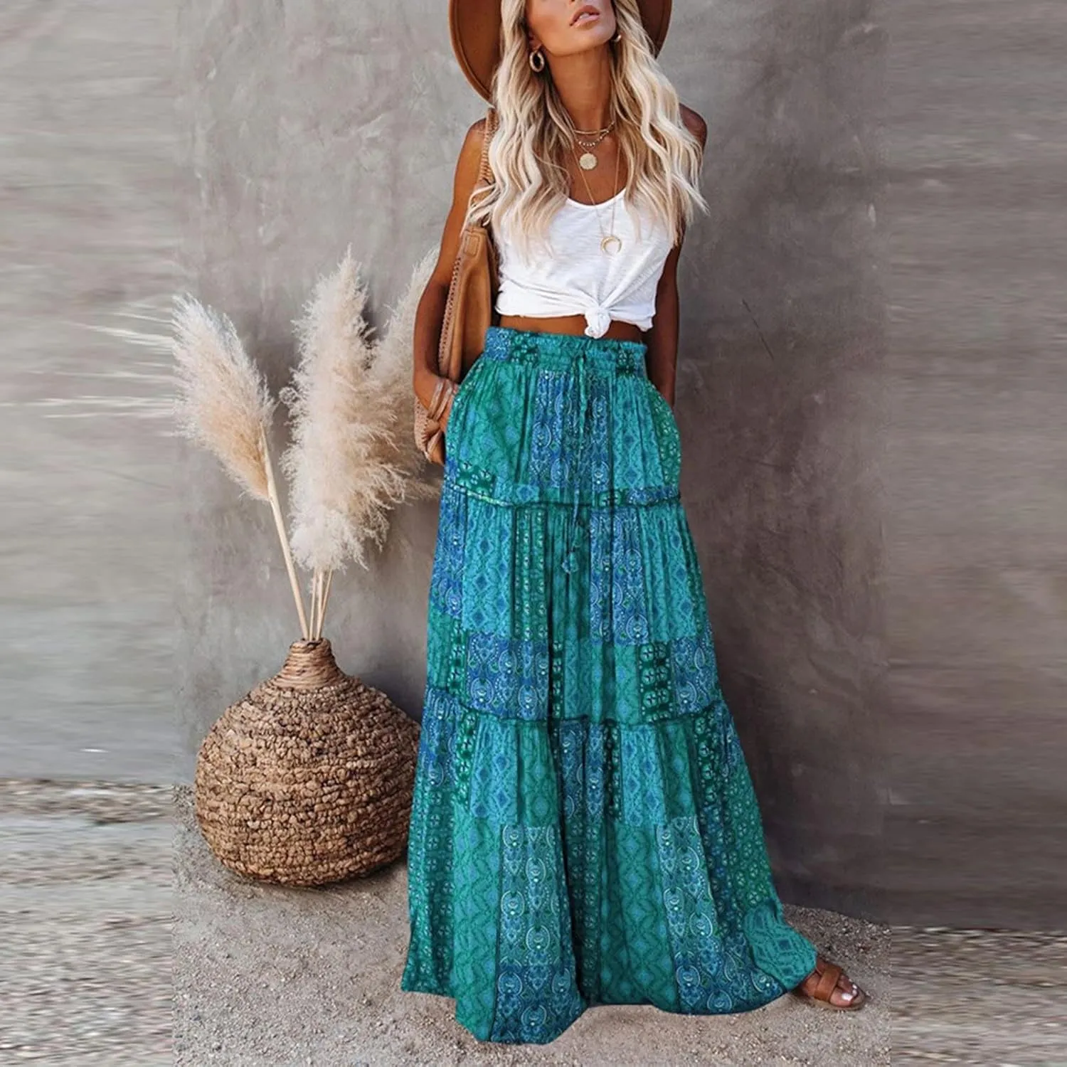Boho Maxi Skirts for Women Trendy Summer Elastic High Waisted Ankle Length Long Skirts Tiered Flowy Swing A Line Skirt