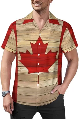 Canadian Flag Wooden Printed Men's Hawaiian Shirt Cuban Collar Shirt Short Sleeve Button Down Tops Beach T Shirts