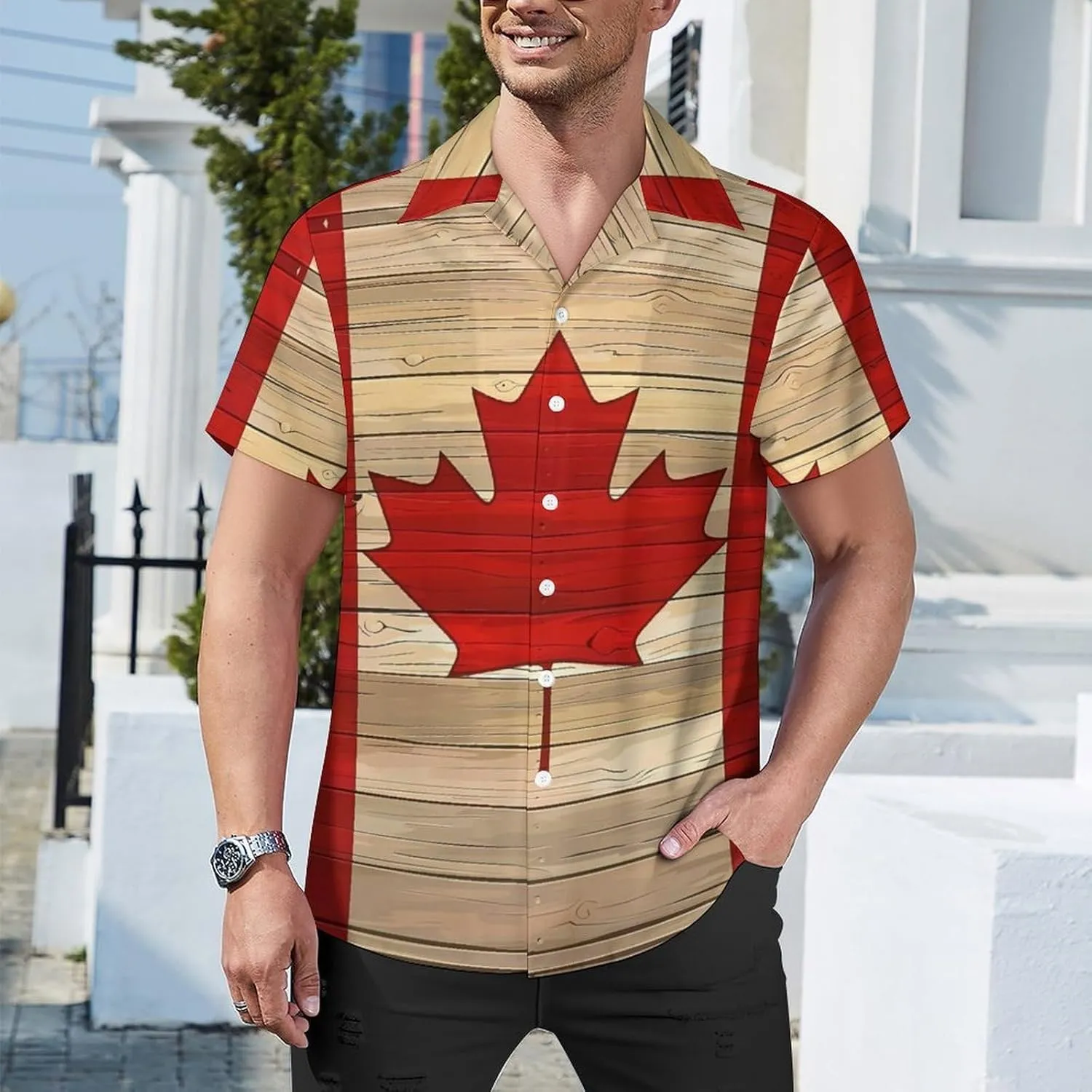 Canadian Flag Wooden Printed Men's Hawaiian Shirt Cuban Collar Shirt Short Sleeve Button Down Tops Beach T Shirts