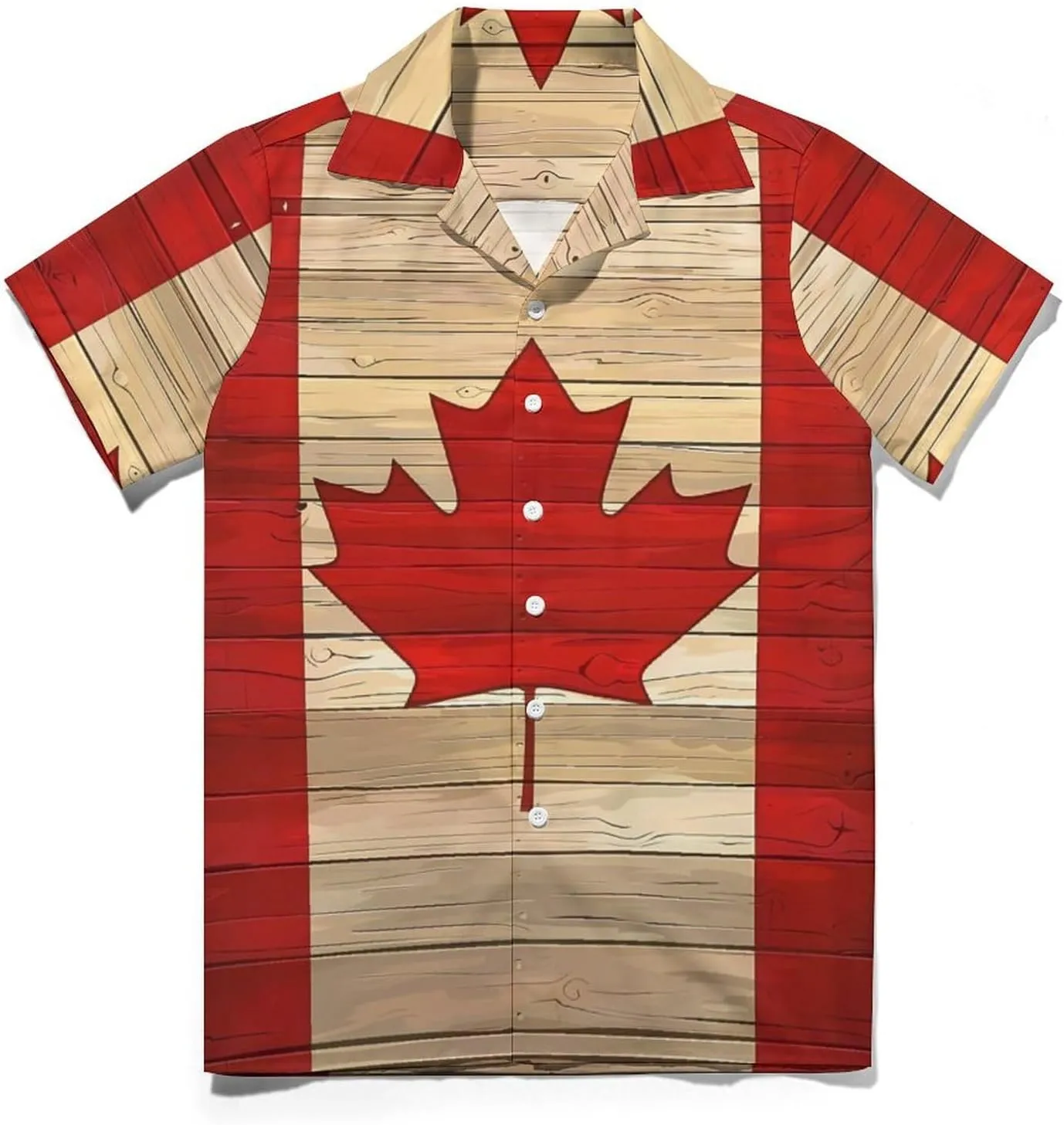Canadian Flag Wooden Printed Men's Hawaiian Shirt Cuban Collar Shirt Short Sleeve Button Down Tops Beach T Shirts