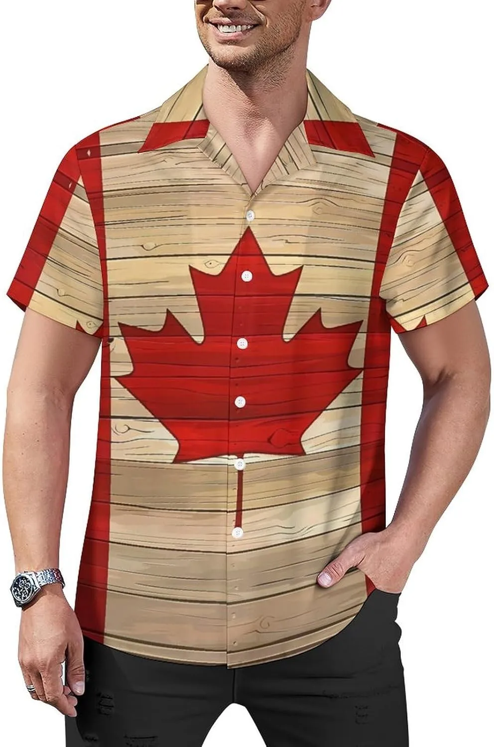 Canadian Flag Wooden Printed Men's Hawaiian Shirt Cuban Collar Shirt Short Sleeve Button Down Tops Beach T Shirts