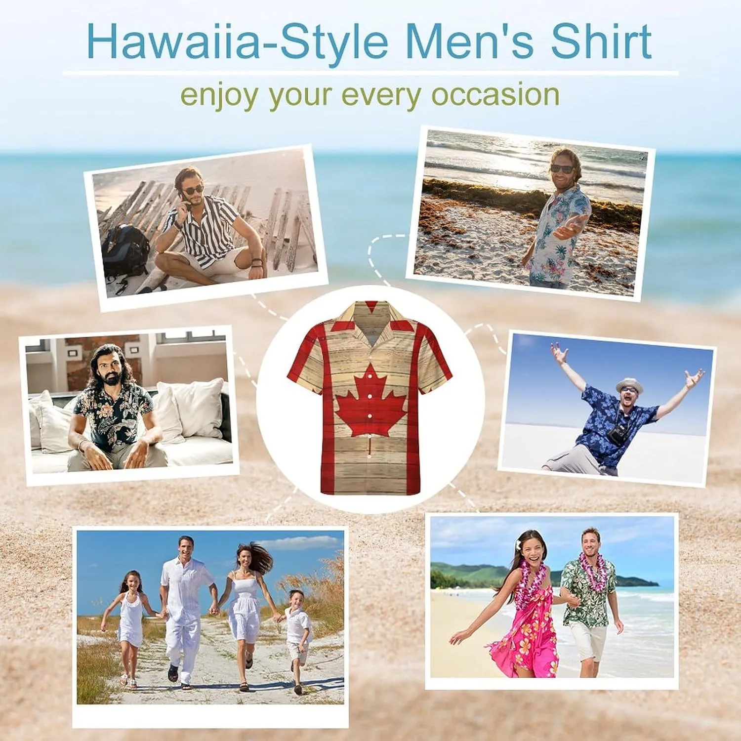Canadian Flag Wooden Printed Men's Hawaiian Shirt Cuban Collar Shirt Short Sleeve Button Down Tops Beach T Shirts