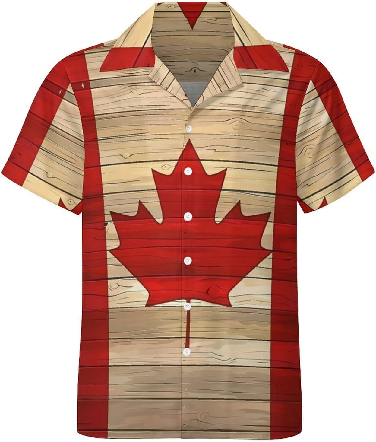 Canadian Flag Wooden Printed Men's Hawaiian Shirt Cuban Collar Shirt Short Sleeve Button Down Tops Beach T Shirts