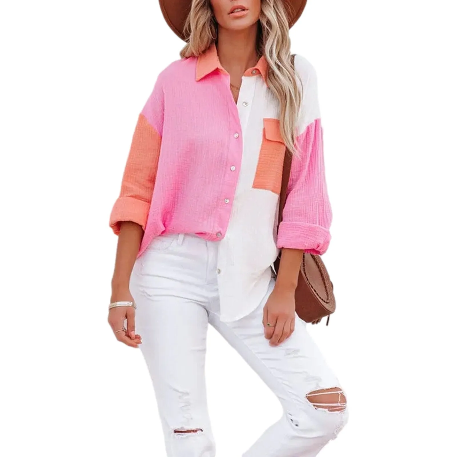 Color Block Textured Johnny Collar Blouse