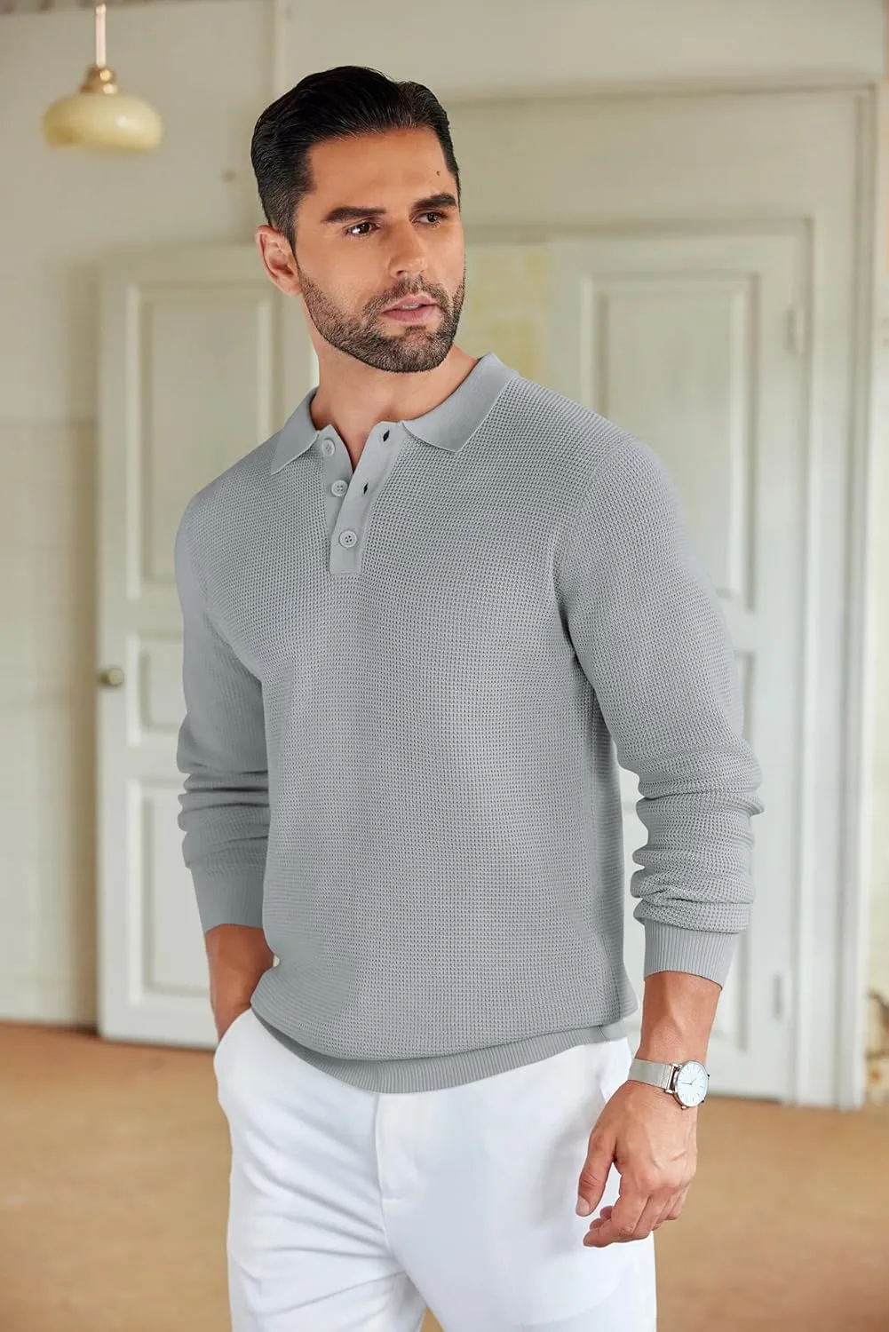 COOFANDY Mens Knit Polo Shirts Long Sleeve Sweater Casual Polo Shirts Lightweight Collared T Shirts