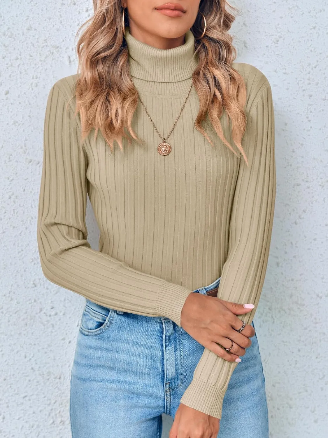 Danedvi Women's Turtleneck Ribbed Knit Pullover Sweaters Fall Long Sleeve Soft Classic Fitted Sweater Tops