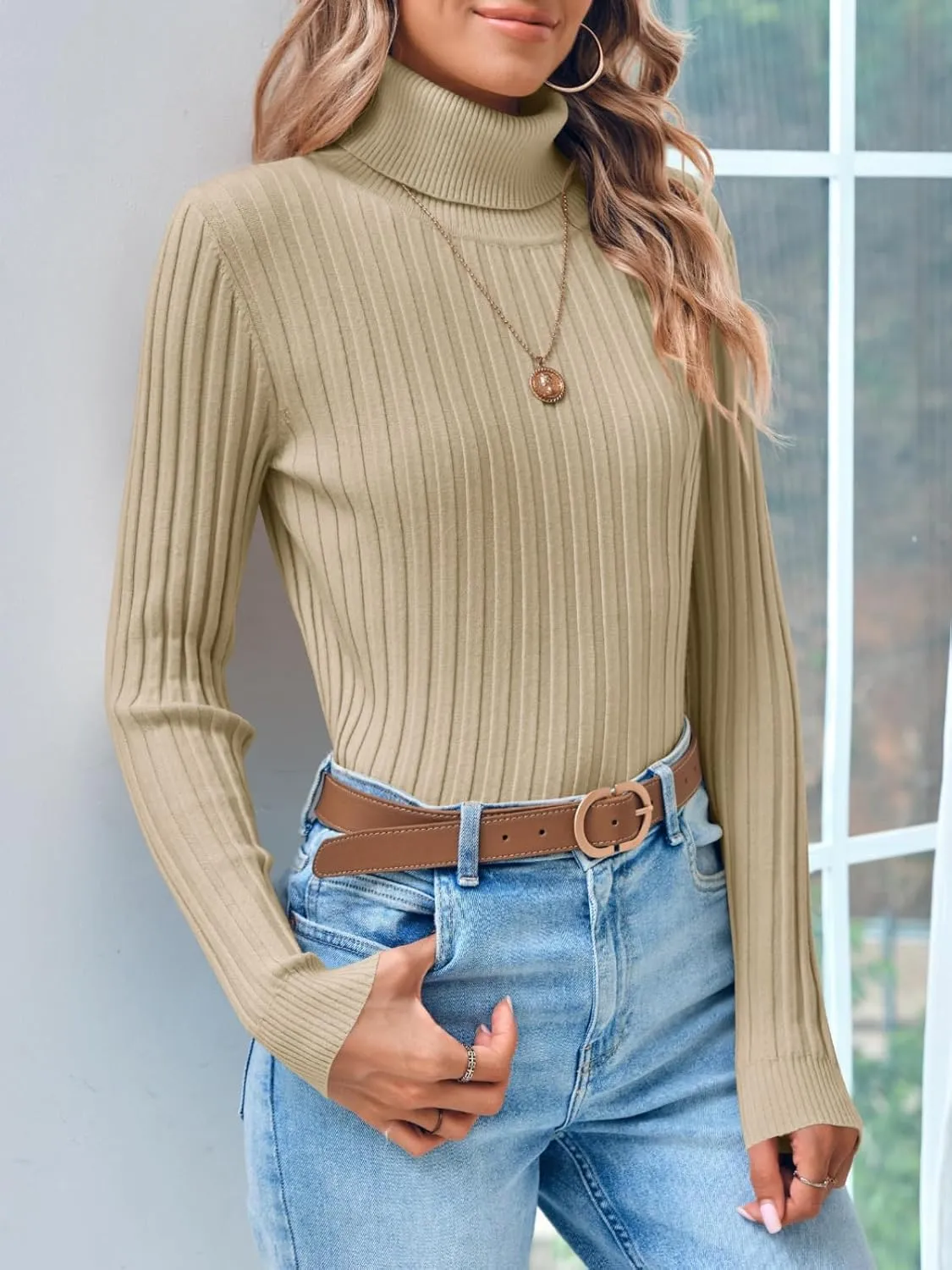 Danedvi Women's Turtleneck Ribbed Knit Pullover Sweaters Fall Long Sleeve Soft Classic Fitted Sweater Tops