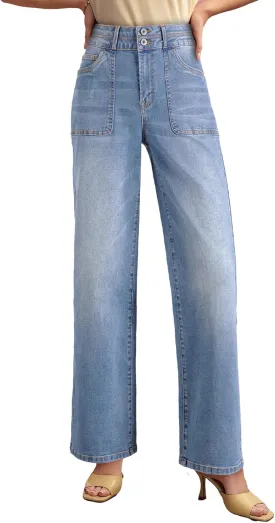 EVALESS Women's Wide Leg Jeans High Waisted Straight Leg Jeans Trendy Stretchy Loose Zimbaplatinum Denim Pants with Pockets