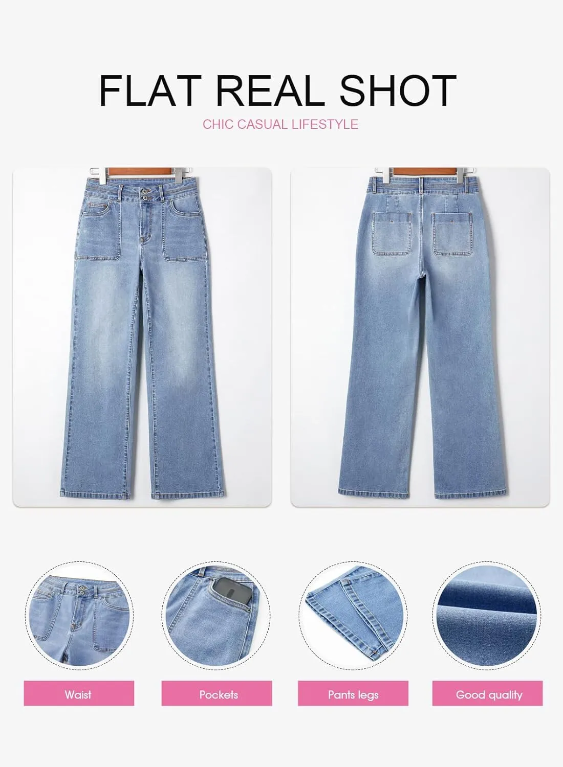 EVALESS Women's Wide Leg Jeans High Waisted Straight Leg Jeans Trendy Stretchy Loose Zimbaplatinum Denim Pants with Pockets