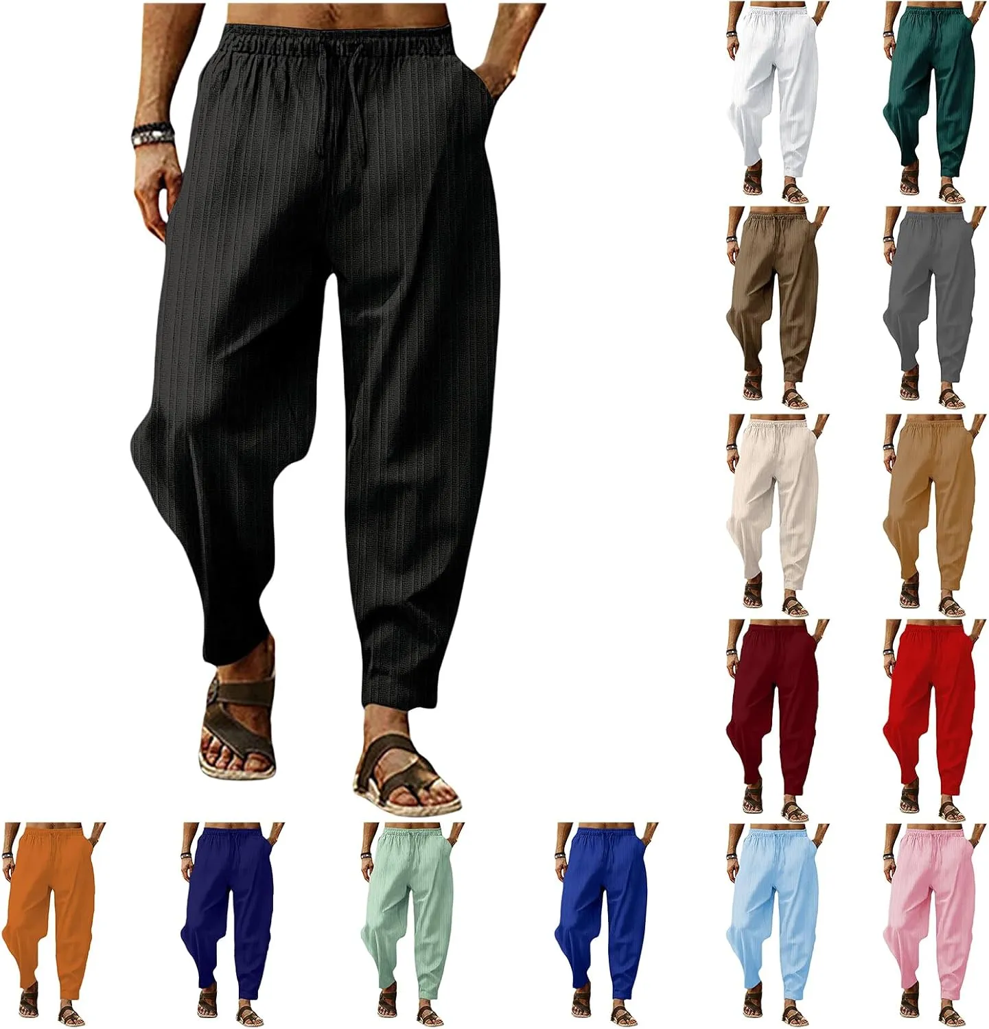 evzosrz Mens Cotton Linen Harem Pants Solid Drawstring Casual Capri Trousers Lightweight Loose Bloomer Pant with Pockets