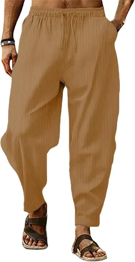 evzosrz Mens Cotton Linen Harem Pants Solid Drawstring Casual Capri Trousers Lightweight Loose Bloomer Pant with Pockets