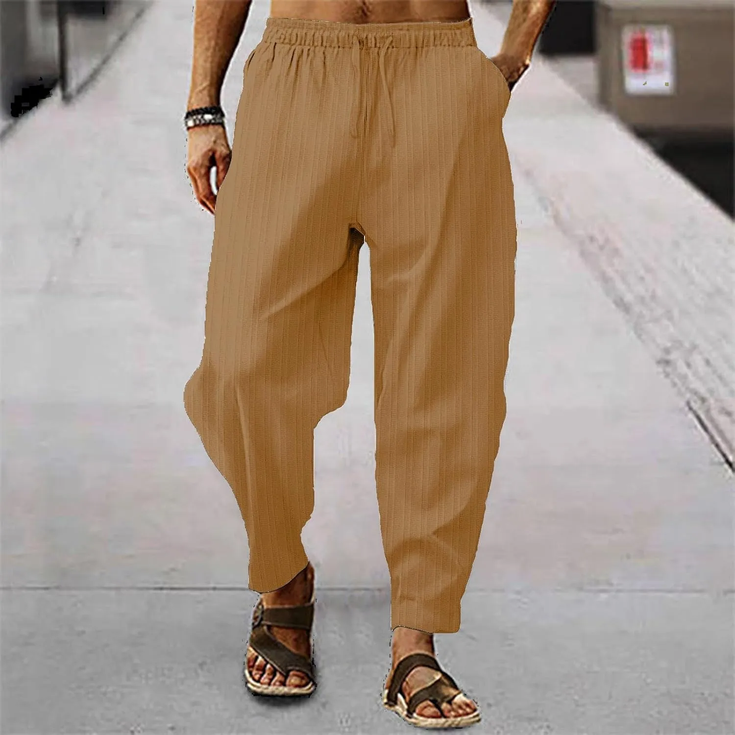 evzosrz Mens Cotton Linen Harem Pants Solid Drawstring Casual Capri Trousers Lightweight Loose Bloomer Pant with Pockets