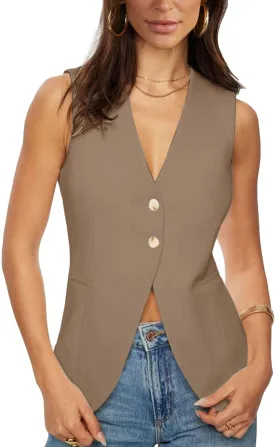 Fallorchid Womens Business Button Sleeveless V Neck Vest Fully Lined Suit Jacket Waistcoat
