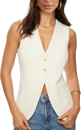 Fallorchid Womens Business Button Sleeveless V Neck Vest Fully Lined Suit Jacket Waistcoat