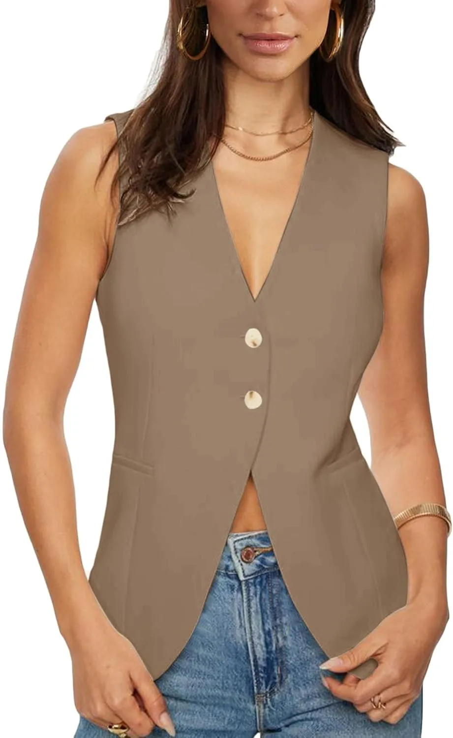 Fallorchid Womens Business Button Sleeveless V Neck Vest Fully Lined Suit Jacket Waistcoat