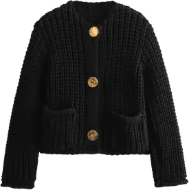 FindThy Womens Cropped Knit Cardigan Long Sleeve Crewneck Button Down Fall Sweater with Pockets
