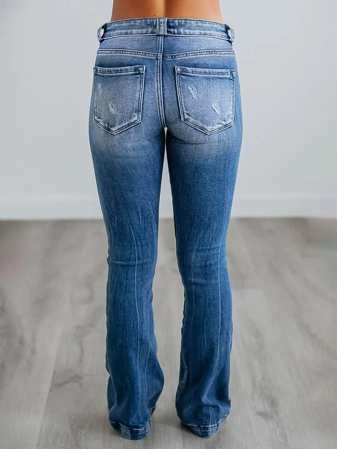 Flamingals Women's Ripped Bootcut Jeans Stretchy Mid Rise Wash Detail Flare Denim Jeans