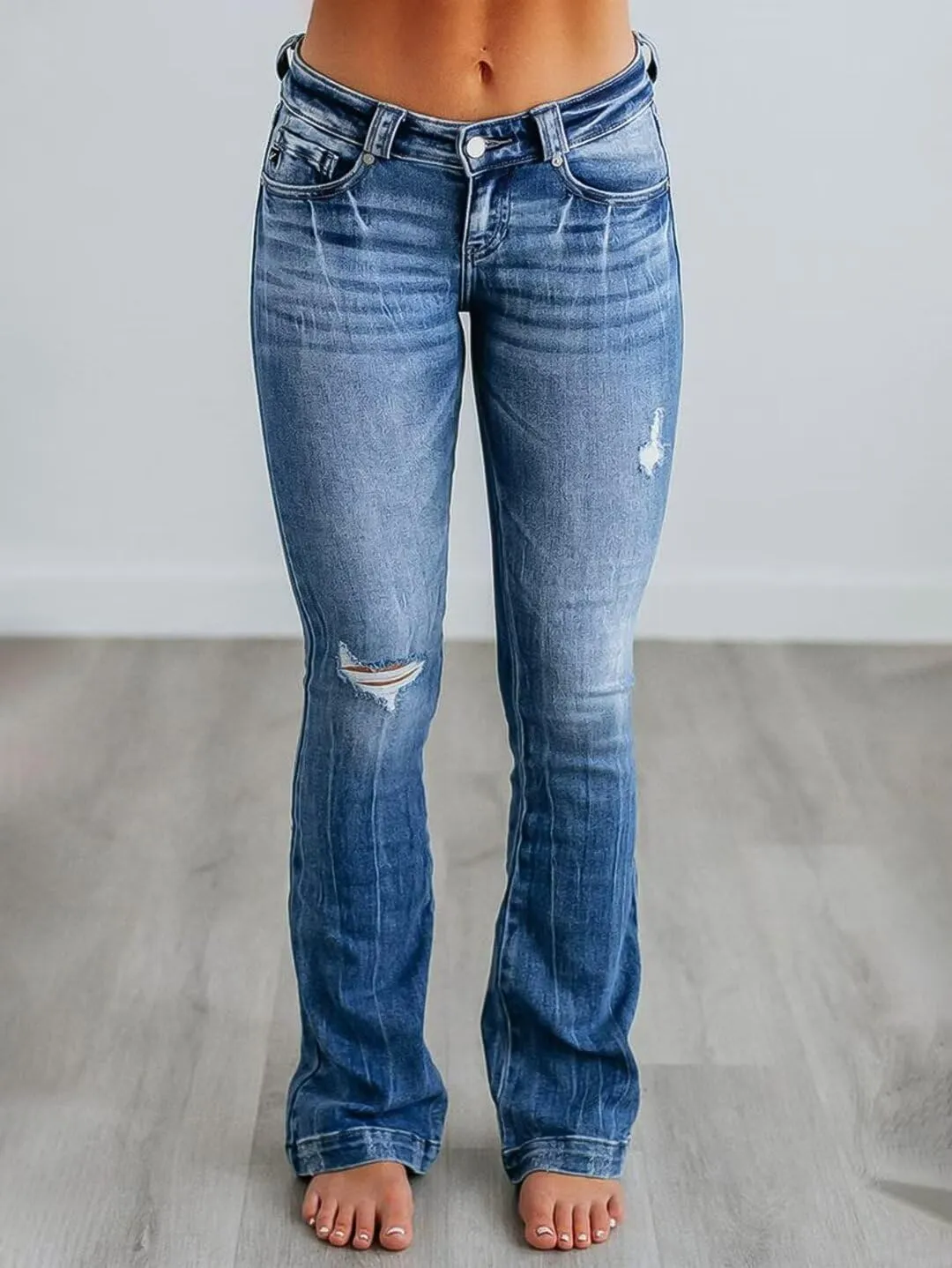 Flamingals Women's Ripped Bootcut Jeans Stretchy Mid Rise Wash Detail Flare Denim Jeans