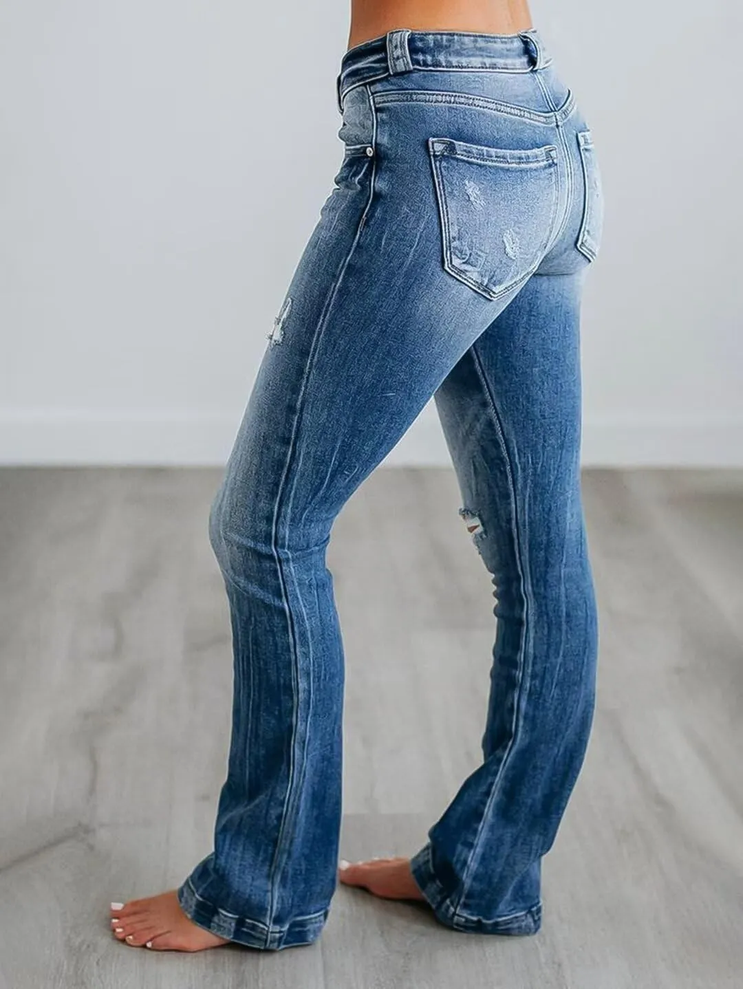 Flamingals Women's Ripped Bootcut Jeans Stretchy Mid Rise Wash Detail Flare Denim Jeans