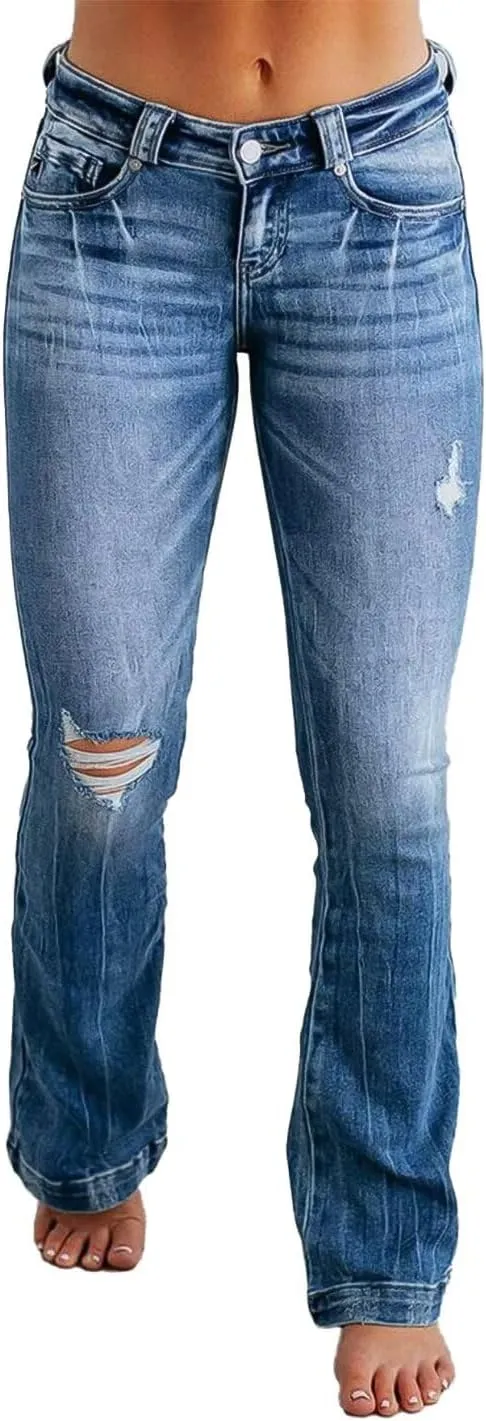 Flamingals Women's Ripped Bootcut Jeans Stretchy Mid Rise Wash Detail Flare Denim Jeans