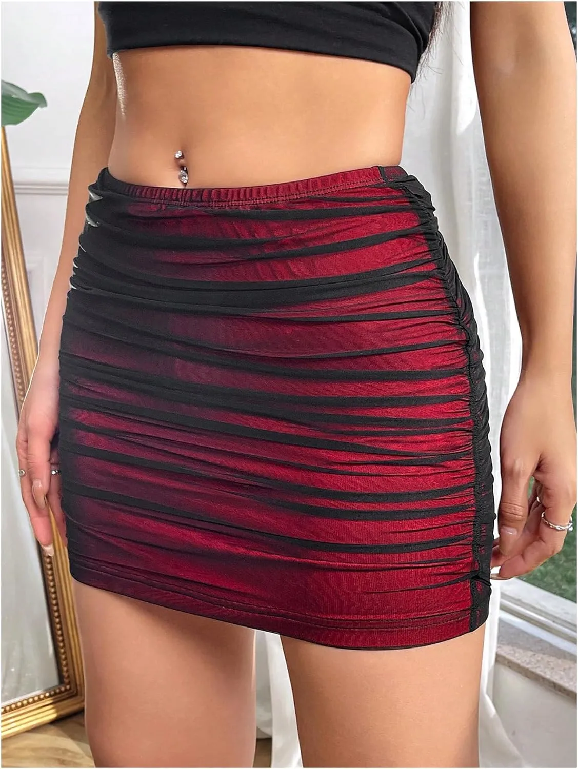 Floerns Women's Ruched Mesh Short Skirts Party Pencil Bodycon Mini Skirts
