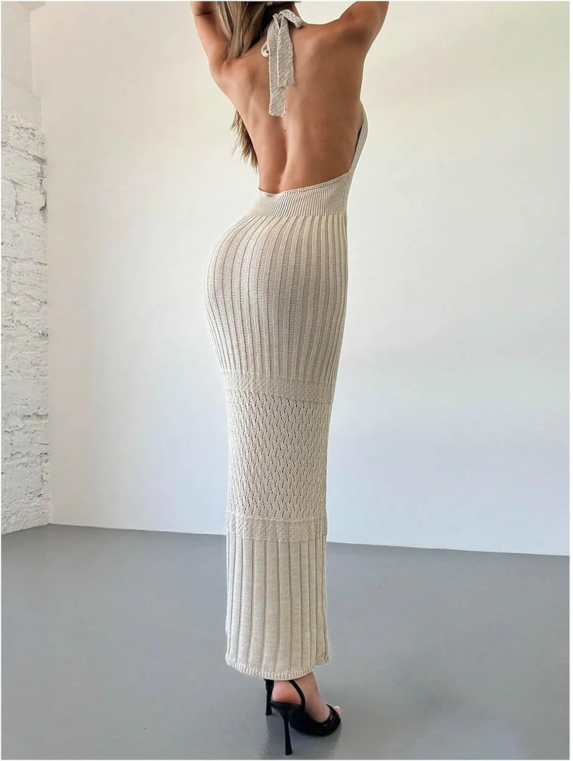 GORGLITTER Women's Crochet Halter Maxi Dress Backless Deep V Neck Bodycon Long Knit Dresses