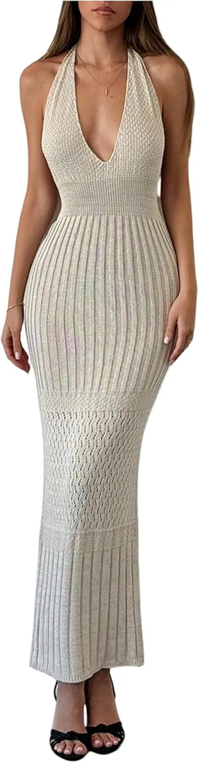 GORGLITTER Women's Crochet Halter Maxi Dress Backless Deep V Neck Bodycon Long Knit Dresses