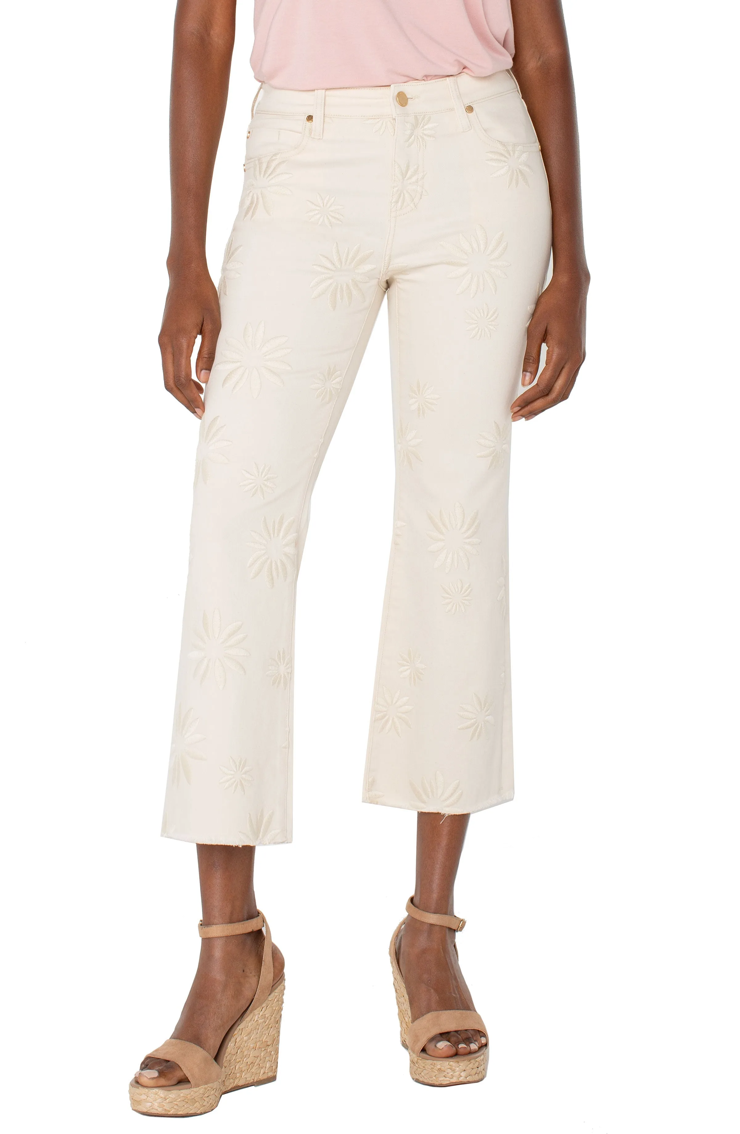 Hannah Crop Flare with Fray Hem & Embroidered Flowers