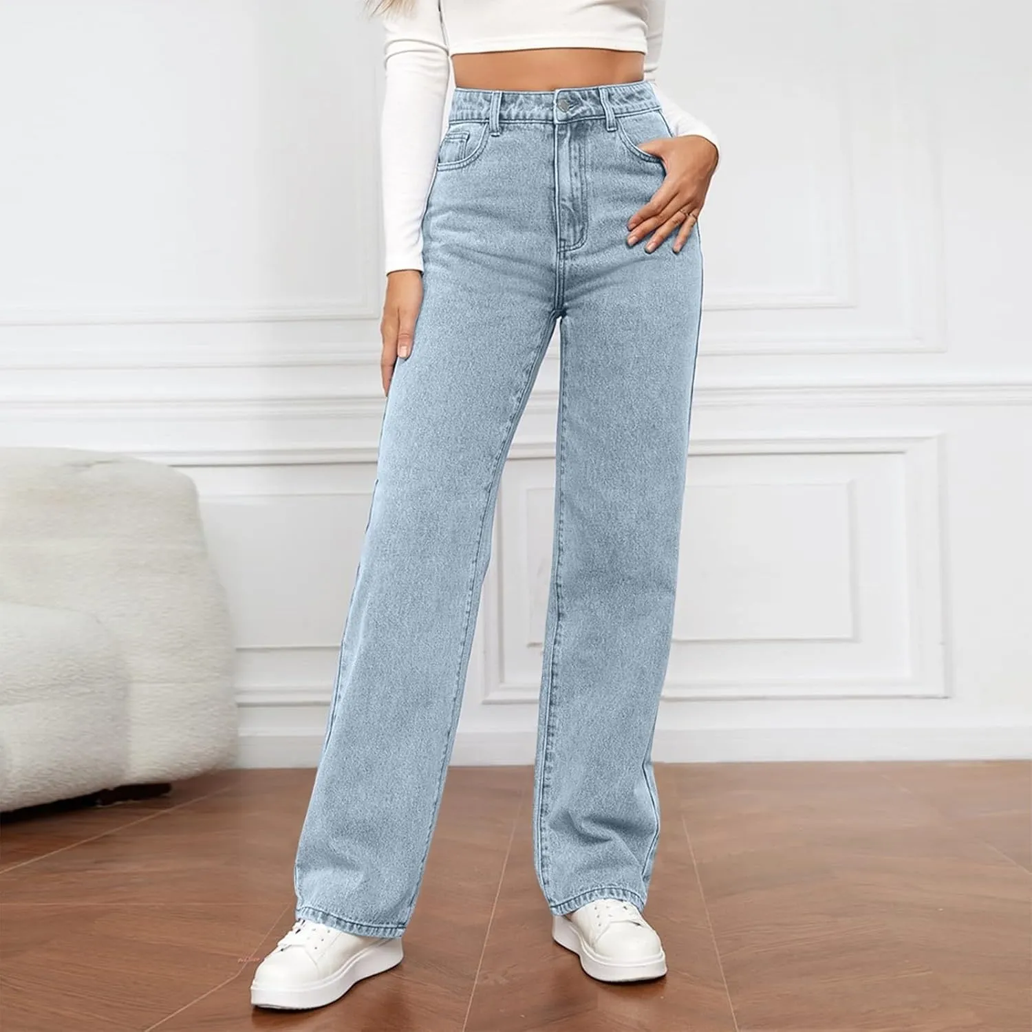 High Rise Jeans for Women Wide Leg Stretchy Pants Straight Leg Loose Denim Tummy Control Trousers with Pockets
