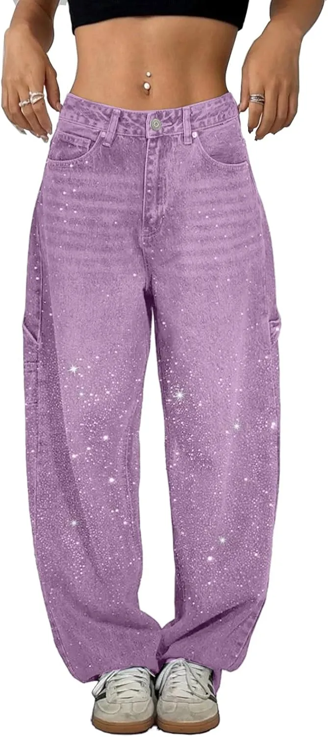 High Waisted Baggy Jeans for Women Diamond Straight Loose Jeans Fashion Vintage Boyfriend Denim Pants