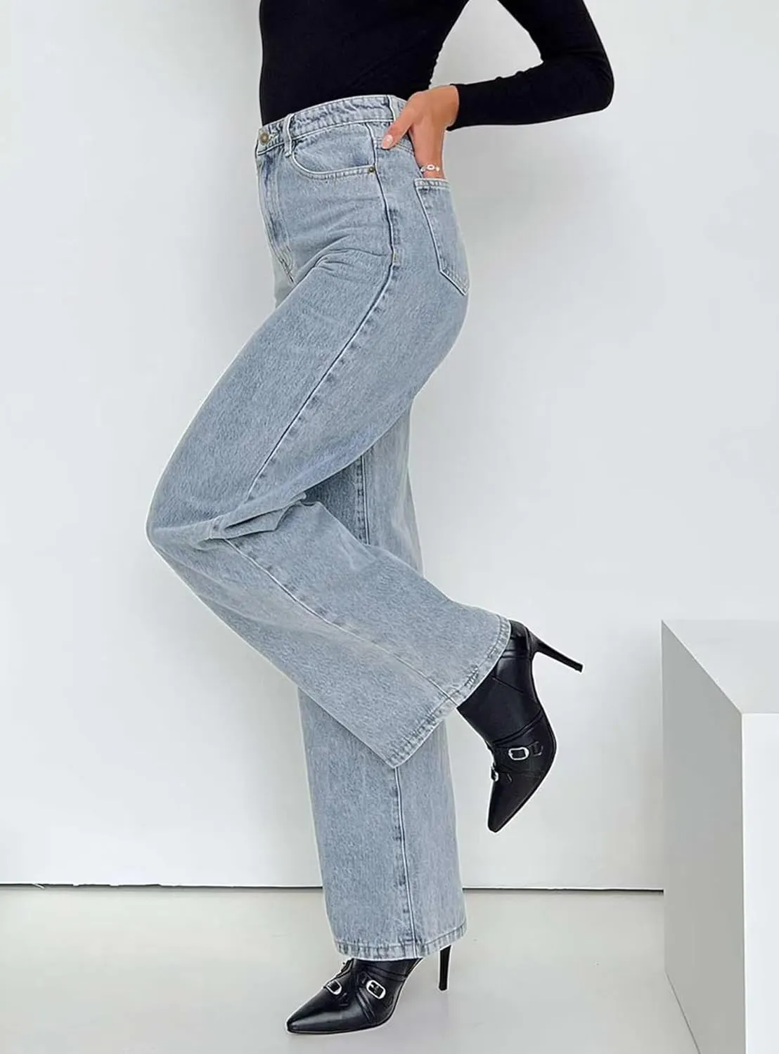 KDF Straight Leg Jeans for Women High Waisted Jeans Frayed Baggy Pants Raw Hem Loose Stretchy Cropped Wide Leg Jeans