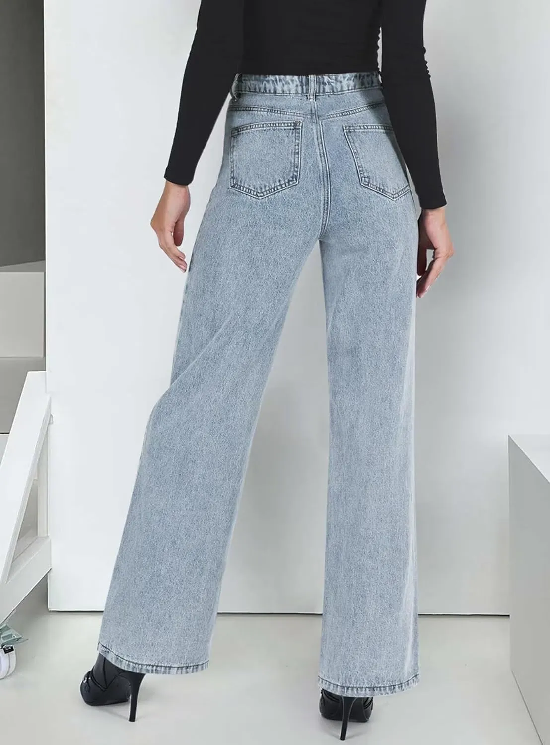 KDF Straight Leg Jeans for Women High Waisted Jeans Frayed Baggy Pants Raw Hem Loose Stretchy Cropped Wide Leg Jeans
