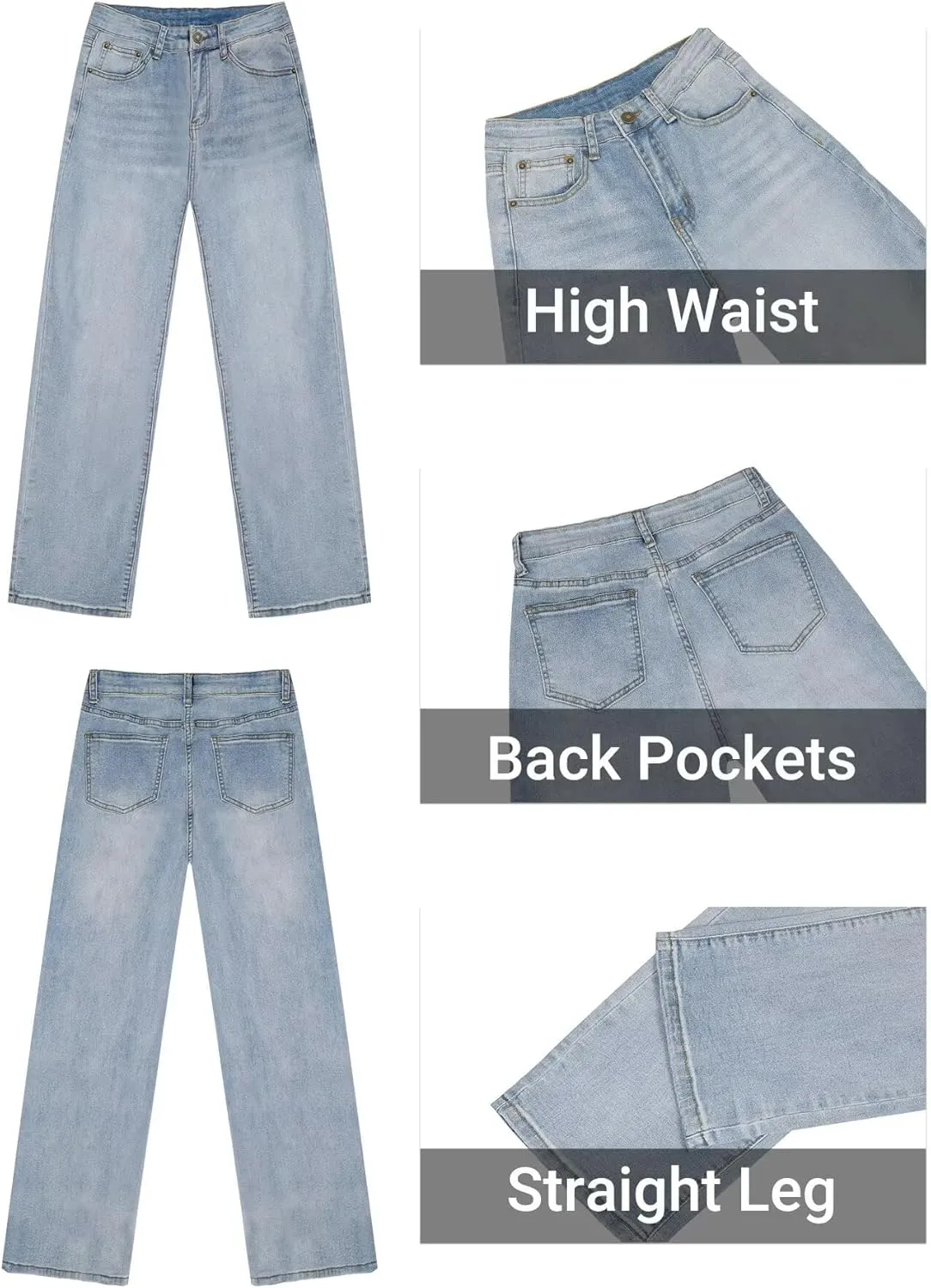 KDF Straight Leg Jeans for Women High Waisted Jeans Frayed Baggy Pants Raw Hem Loose Stretchy Cropped Wide Leg Jeans