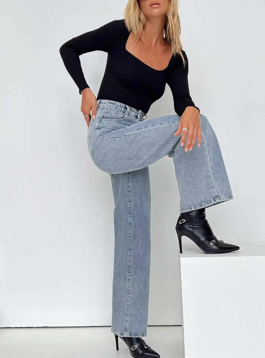 KDF Straight Leg Jeans for Women High Waisted Jeans Frayed Baggy Pants Raw Hem Loose Stretchy Cropped Wide Leg Jeans