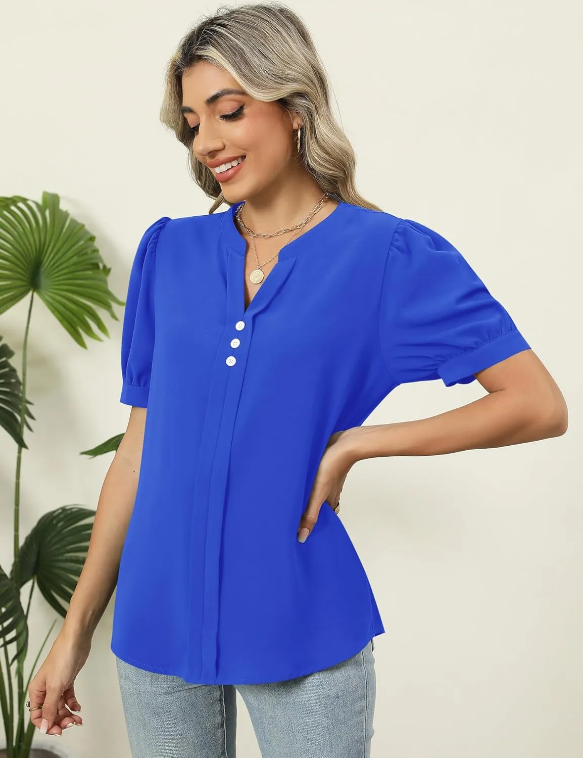 Kistore Womens Tops Dressy Casual Summer Chiffon Blouses V Neck Puff Sleeve Shirts Work Tops