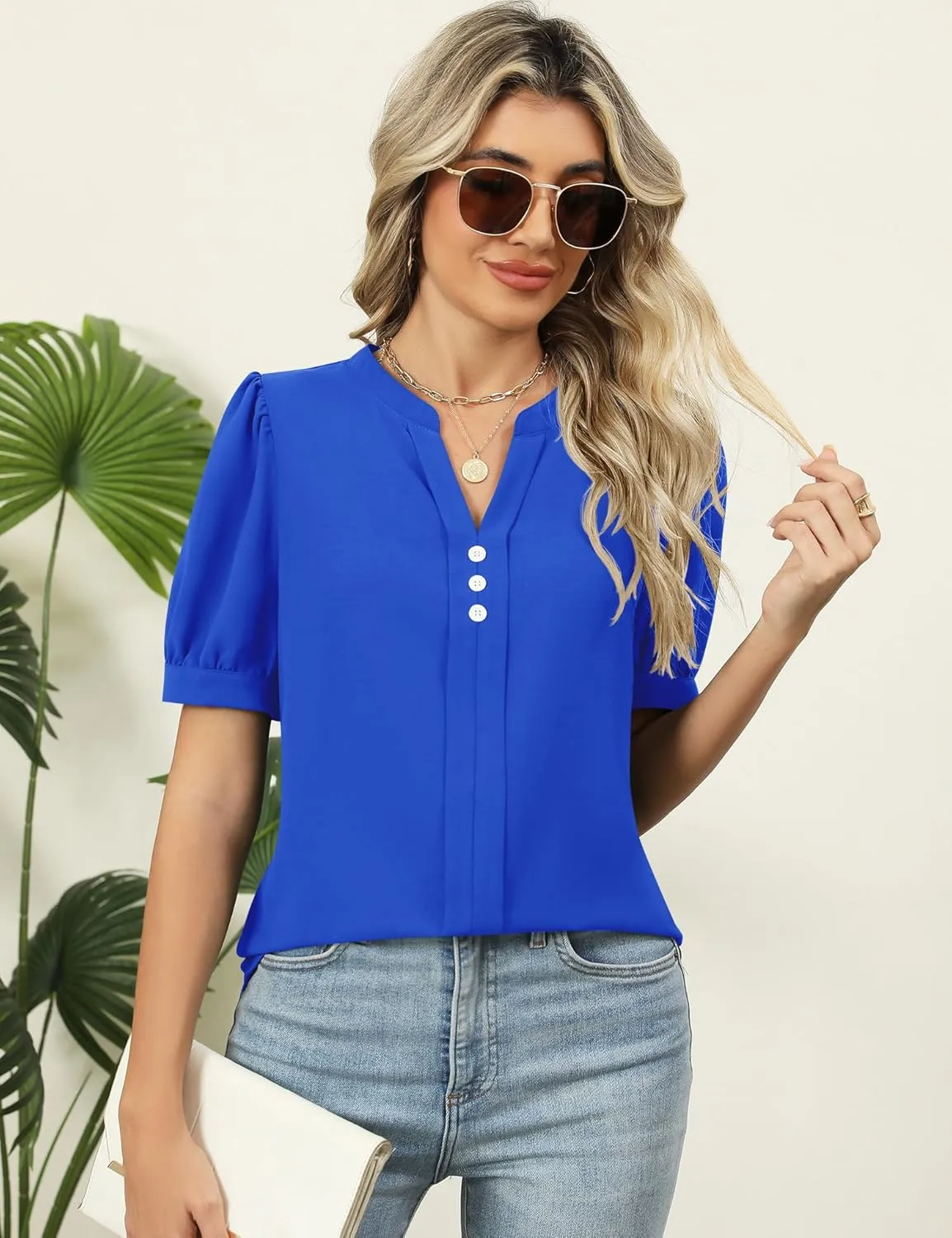 Kistore Womens Tops Dressy Casual Summer Chiffon Blouses V Neck Puff Sleeve Shirts Work Tops