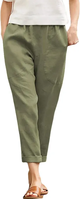 Langwyqu Womens Casual Cotton Tapered Capri Cargo Pants Loose Elastic Waist Ankle Cropped Trouser with Pockets
