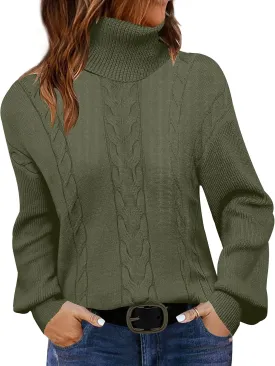 LEANI Women's 2025 Turtleneck Sweater Lantern Long Sleeve Cable Knit Pullover Sweaters Jumper