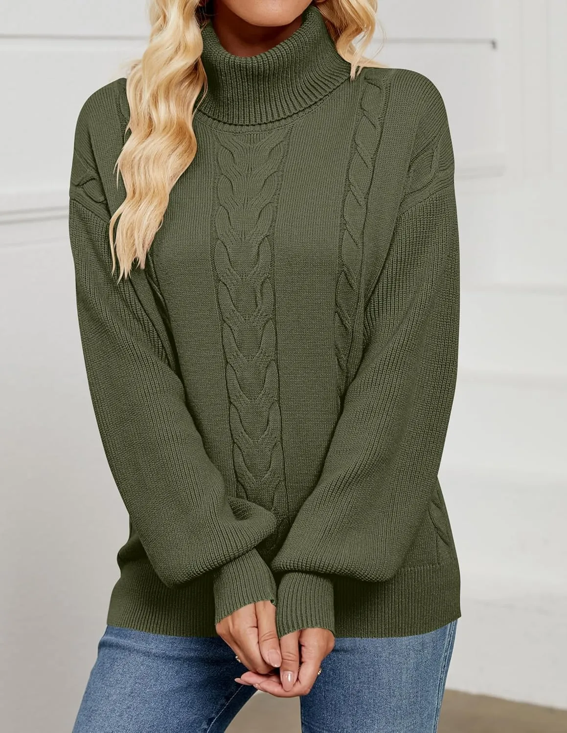 LEANI Women's 2025 Turtleneck Sweater Lantern Long Sleeve Cable Knit Pullover Sweaters Jumper