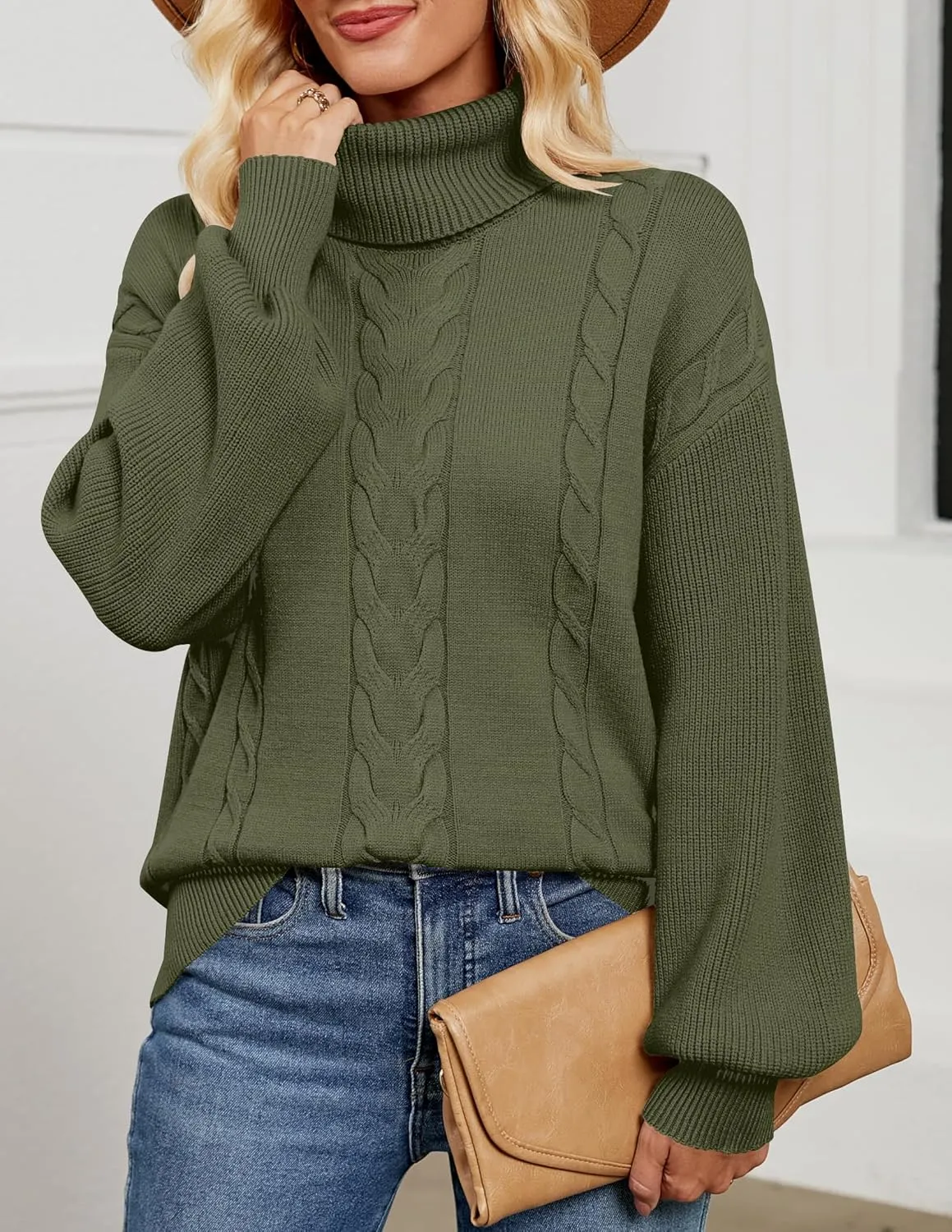LEANI Women's 2025 Turtleneck Sweater Lantern Long Sleeve Cable Knit Pullover Sweaters Jumper